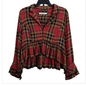 We The Free Free People Orange Yellow Plaid Ruffle Hem Top Size Small